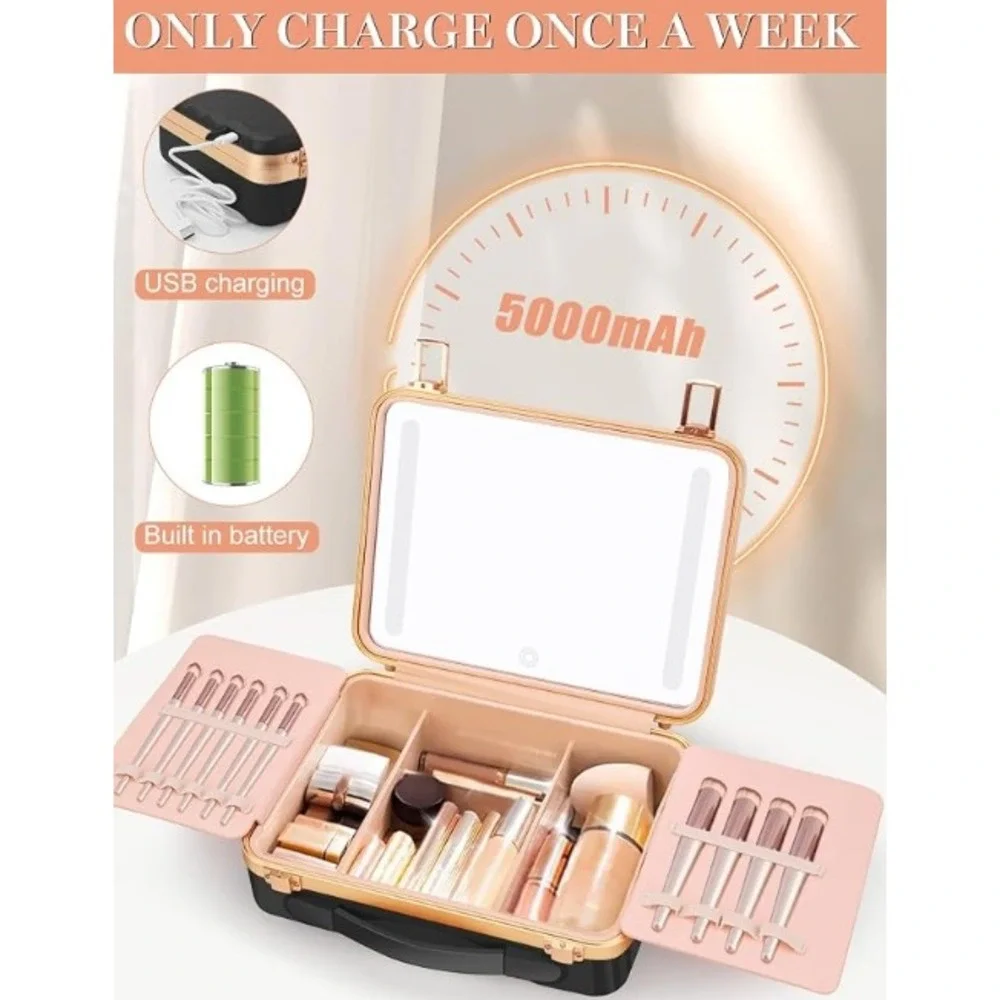 Kalolary Makeup Train Case Womens Large Black LED Lighted Mirror Rechargeable